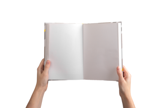 A person holding an open, blank book or notebook, showcasing clean, white pages for writing, reading, or design purposes. Ideal for educational, publishing, or business presentations. Isolated on a