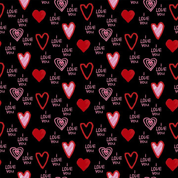 Hand-Drawn Hearts Love Typography Seamless Pattern