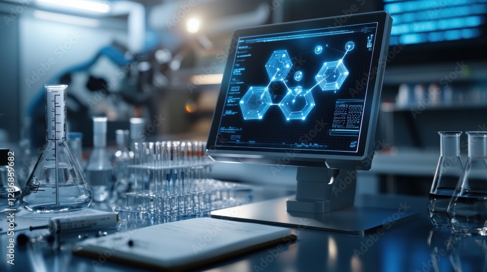 Poster scientific research laboratory modern lab digital interface innovative technology close-up view data