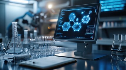 Scientific research laboratory modern lab digital interface innovative technology close-up view data analysis insights