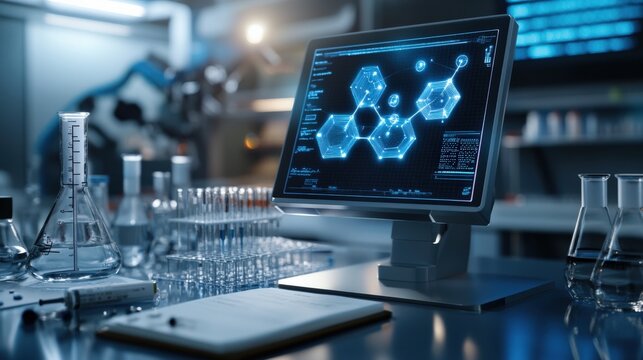 Scientific research laboratory modern lab digital interface innovative technology close-up view data analysis insights