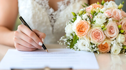 Bridal vows sealed with a flourish, signing the marriage document with a beautiful bouquet nearby, marking the start of forever. Symbol of commitment.