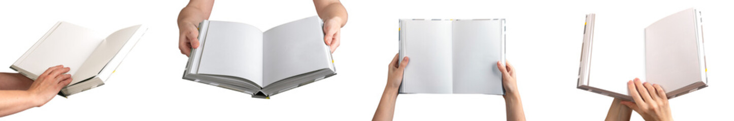 A person holding an open, blank hardcover book, showcasing clean, white pages for writing, design, or reading. Perfect for educational, business, or promotional presentations. Isolated on a white