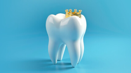 Figurine of a tooth with a small gold crown on blue background. Dental care, health protection concept. Space for text. Card for World Oral Health Day, Dentist's Day