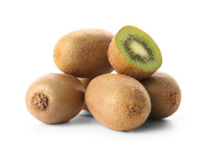 Many fresh kiwi on white background