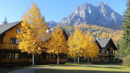 Autumn Cottages with Golden Trees and Mountain Views in the Fall