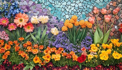 Obraz premium Colorful Flowers Arranged Against a Mosaic Tile Wall