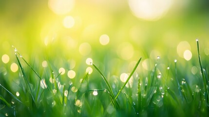 Fototapeta premium Tranquil spring landscape soft focus on dew kissed green grass for refreshing backgrounds