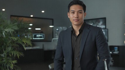 Obraz premium Charismatic Thai digital marketer strategizes campaign metrics in trendy urban loft office with vibrant plant wall and monitor array