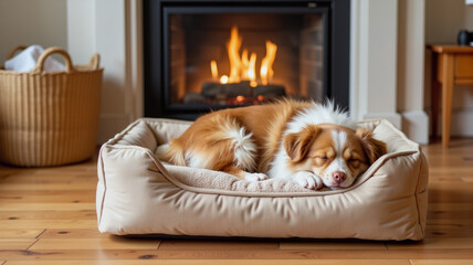 Cozy small dog sleeping in pet bed by fireplace, warmth and comfort