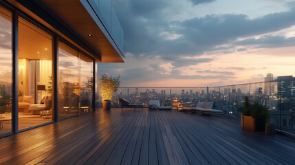 Fototapeta premium Chic Outdoor Terrace with Wooden Deck and Glass Wall Overlooking City Skyline, Soft Evening Lighting Creating a Modern Relaxed Atmosphere for Urban Lifestyle or Fashion Product Display