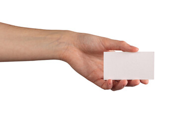Female hand holding a blank business card, fingers gently gripping the edges. Symbolizing professionalism, identity, and communication. Isolated on white background.