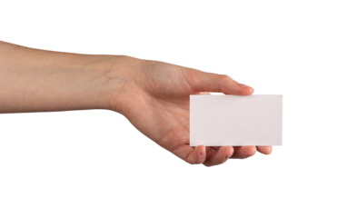 Female hand holding a blank business card, fingers gently gripping the edges. Symbolizing professionalism, identity, and communication. Isolated on white background.