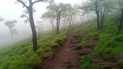 Obraz premium Hiking Trail Through Misty Green Forest Landscape with Trees and Fog