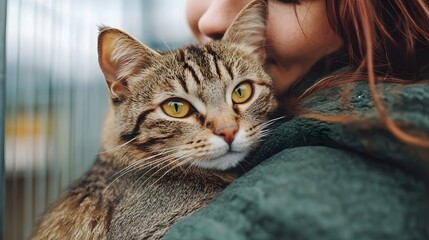 Cat Comforted by Volunteer in Shelter, Heartwarming Adoption Concept