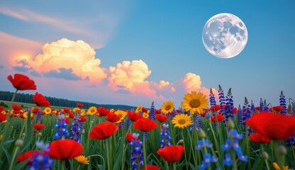 Obraz premium Vibrant wildflower meadow under a full moon glowing in an evening sky with colorful clouds