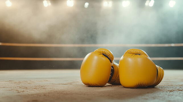 Yellow boxing gloves resting in the ring; bright arena lights shine above. Ready for a match, representing strength and discipline in combat sports.