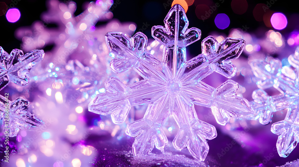 Poster abstract artistic depiction of a snowflake on a purple background with intricate details and unique 