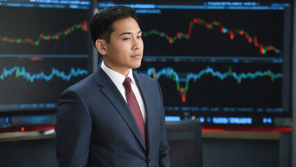 Fototapeta premium Intense Filipino financial trader in sharp modern suit stands before a curved terminal wall with realtime market data and dynamic LED lighting