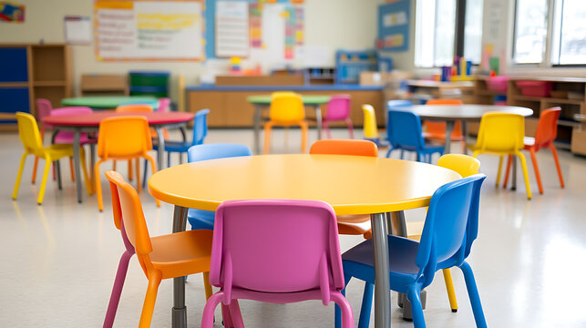 Classroom Interior: Colorful round tables with matching chairs create an inviting space for learning and play. Bright colors stimulate creativity.
