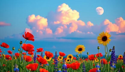 Fototapeta premium Vibrant wildflower meadow under a full moon glowing in an evening sky with colorful clouds
