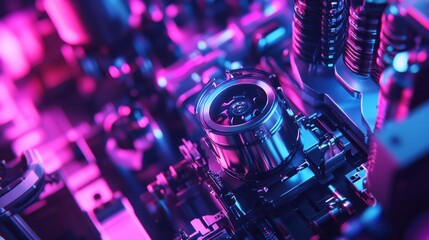 A close-up of a modern mechanical setup illuminated with vibrant neon colors. The intricate details are stunning and showcase advanced technology. Generative AI