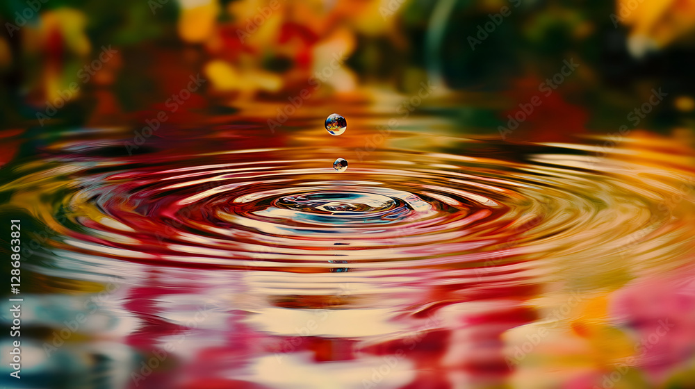 Poster water drop on a colorful leaf with blurred background of vibrant foliage and abstract artistic eleme