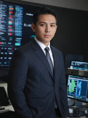 Fototapeta premium Intense Filipino financial trader in sharp modern suit stands before a curved terminal wall with realtime market data and dynamic LED lighting