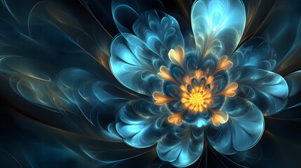 Blue flower with yellow and orange petals against a blurred background in an artistic abstract style
