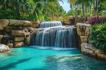 Naklejka premium Relaxing tropical waterfall cascading into a serene blue pool surrounded by lush greenery