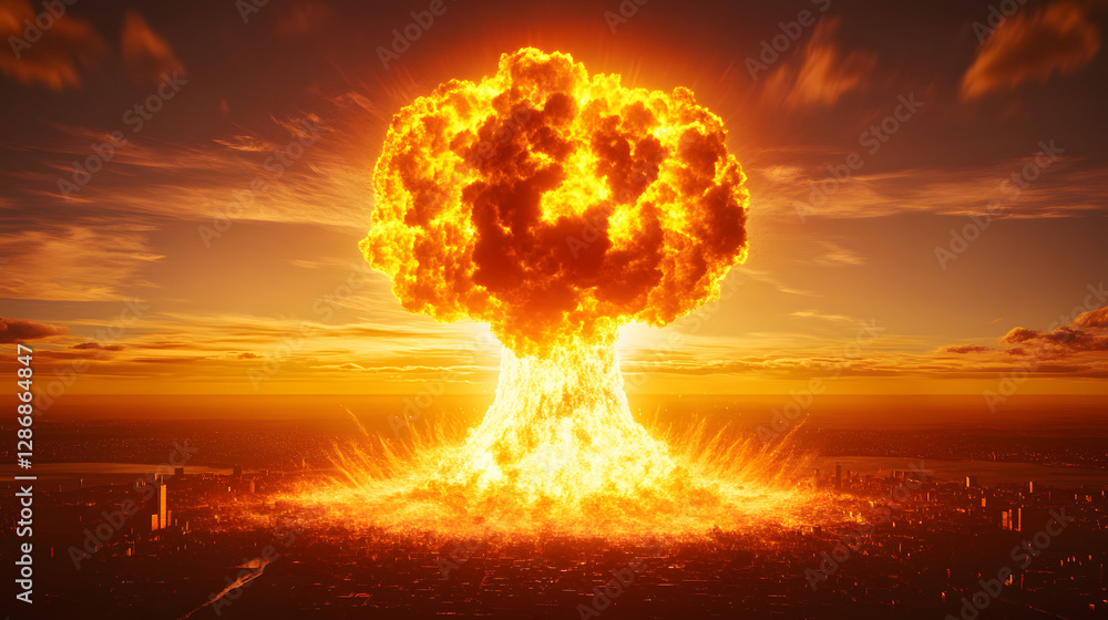 Poster nuclear explosion in the sky with abstract artistic rendering of an explosion and clouds