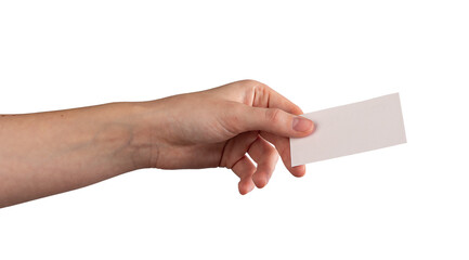 Female hand holding a blank business card, fingers gently presenting it forward. Symbolizing identity, corporate communication, and professionalism. Isolated on white background.