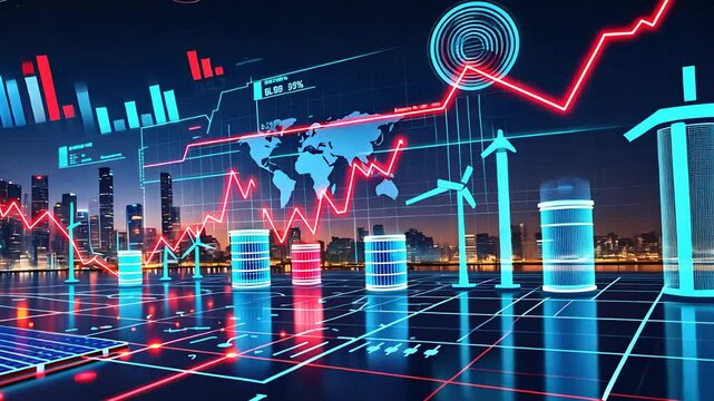 Futuristic Financial Market Analysis with Digital Graphs, Stock Trends, Renewable Energy Icons, and Smart City Skyline

