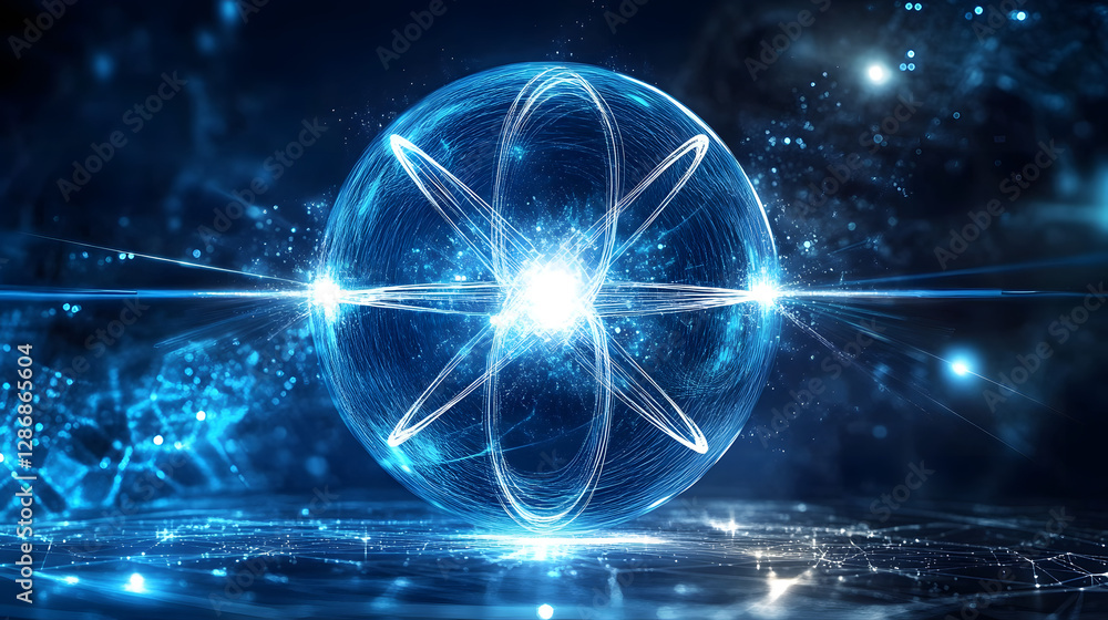 Poster abstract artistic rendering of a glowing sphere surrounded by colorful light patterns and swirls