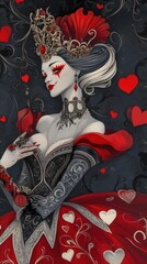 Fantasy Queen of Hearts in red and black dress with hearts, intricate jewelry, dark romantic elements