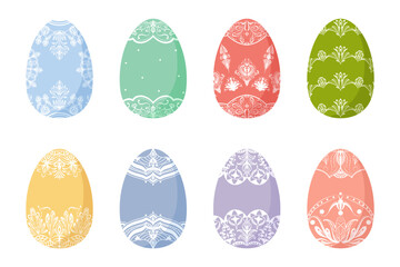 A set of eight vector Easter eggs in pastel colors with a delicate ornament in a flat style