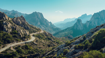 A rugged mountain pass with steep cliffs, a winding road, and a clear blue sky in