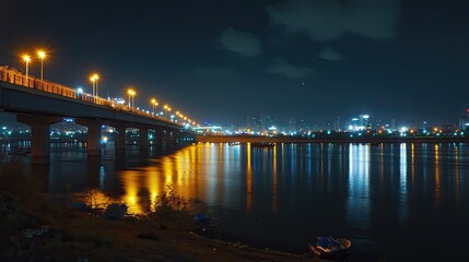 Fototapeta premium City Bridge at Night Reflecting Lights in River Water Scene