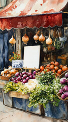 A watercolor illustration of a charming French market stall with fresh onions, herbs, cheese, and vibrant produce under a rustic red canopy