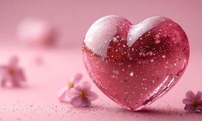 Obraz premium Sparkling Pink Heart Resin Piece with Flower Petals on Soft Pink Surface