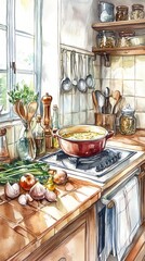 Custom vertical slats with your photo A watercolor illustration of a rustic French kitchen with a red pot simmering on a gas stove, surrounded by fresh onions, garlic, herbs, and vintage cooking utensils