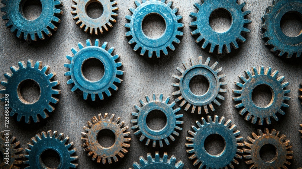 Poster assorted gears arranged on a gray surface; intricate mechanical background