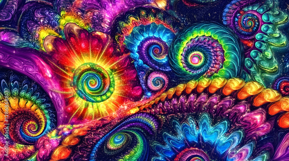 Poster abstract psychedelic art featuring vibrant colors and swirling patterns in a mesmerizing design