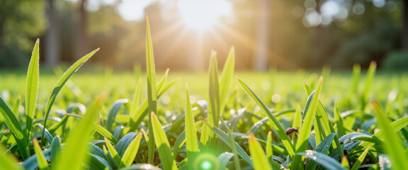 Dew-covered green grass tips glowing in morning sunlight, nature's beauty