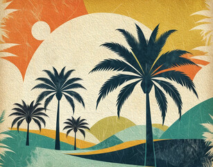 Palm tree. Oil painting. Pattern for printing on wall decorations, covers, leaflets, business cards