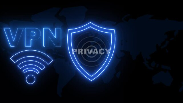 VPN virtual private network communication appears on a digital background. Cyber technology and computer abstract concept black background animation.