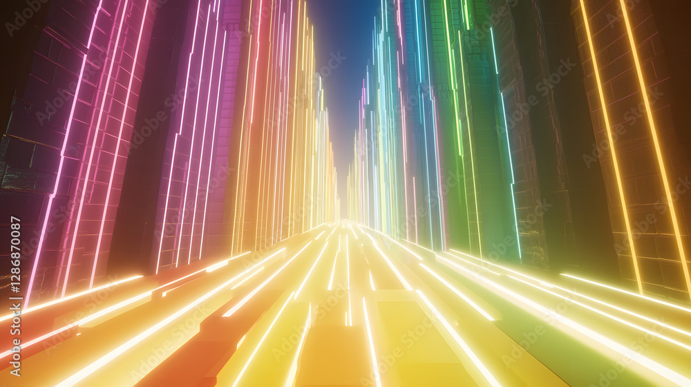 Poster long tunnel illuminated with vibrant neon lights creating an abstract composition in a dark environm