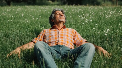 Obraz premium Happy senior man relaxing on green grass in nature with eyes closed enjoying sunlight and fresh air outdoors