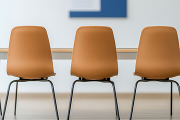 Obraz premium Three simple chairs in a row, ready for visitors, office, waiting room, conference. Simple seating arrangement, modern design.