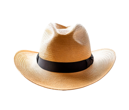 A straw hat with a black ribbon isolated on transparent background